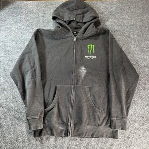Monster Energy Hoodie Mens Large Gray Full Zip Fleece Graphic Logo Back Graphic